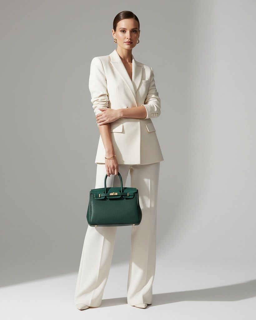 Model standing straight and holding the green Chrisbella Elodie premium vegan PU leather satchel.