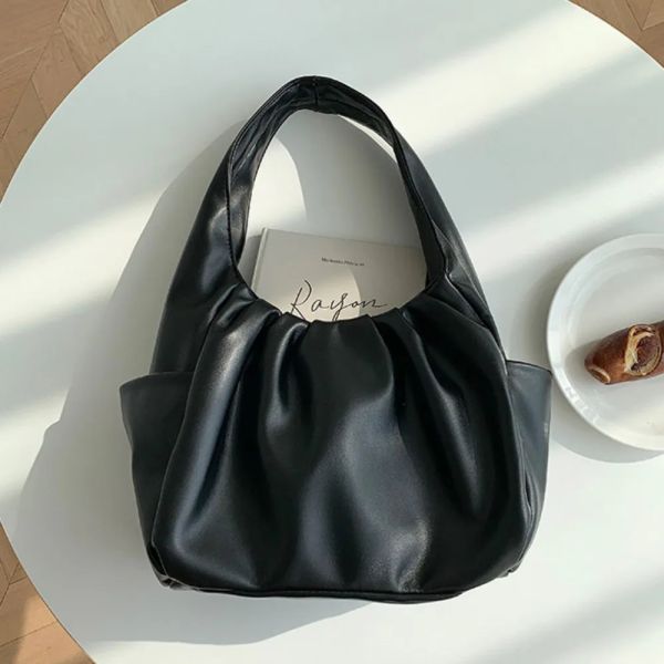 Korean Style Pleated Handbag Shoulder Bag Underarm Bag Croissant Cloud Bag Crescent Moon Dumpling Bag PU Leather Underarm BagBLACK_1005009836471930